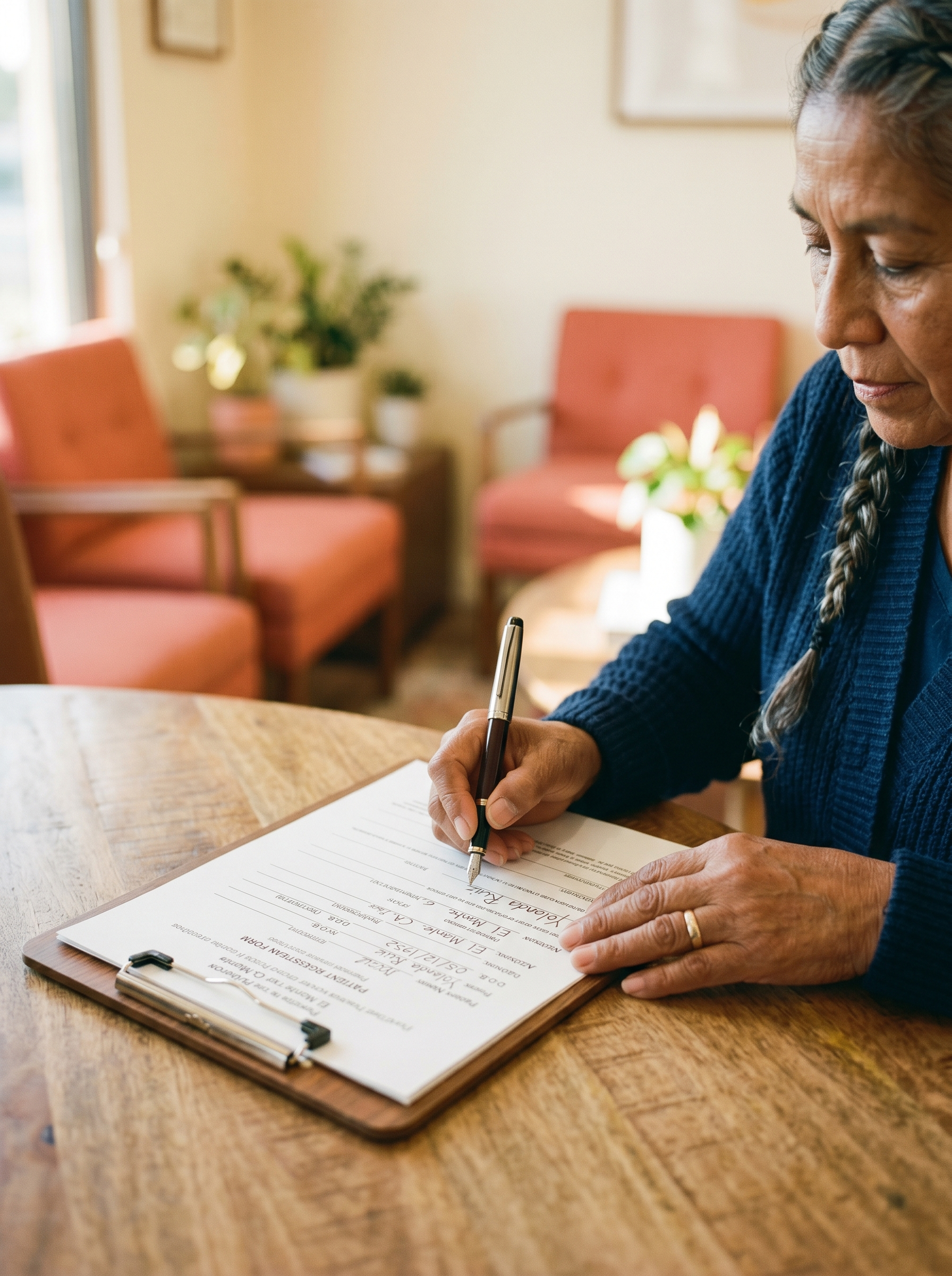 Paciente firmando formularios en una mesa de madera, sala de espera cálida